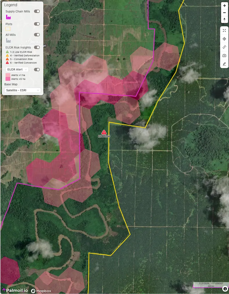App screenshot showing a map of oil palm concessions in Kalimantan, Indonesia