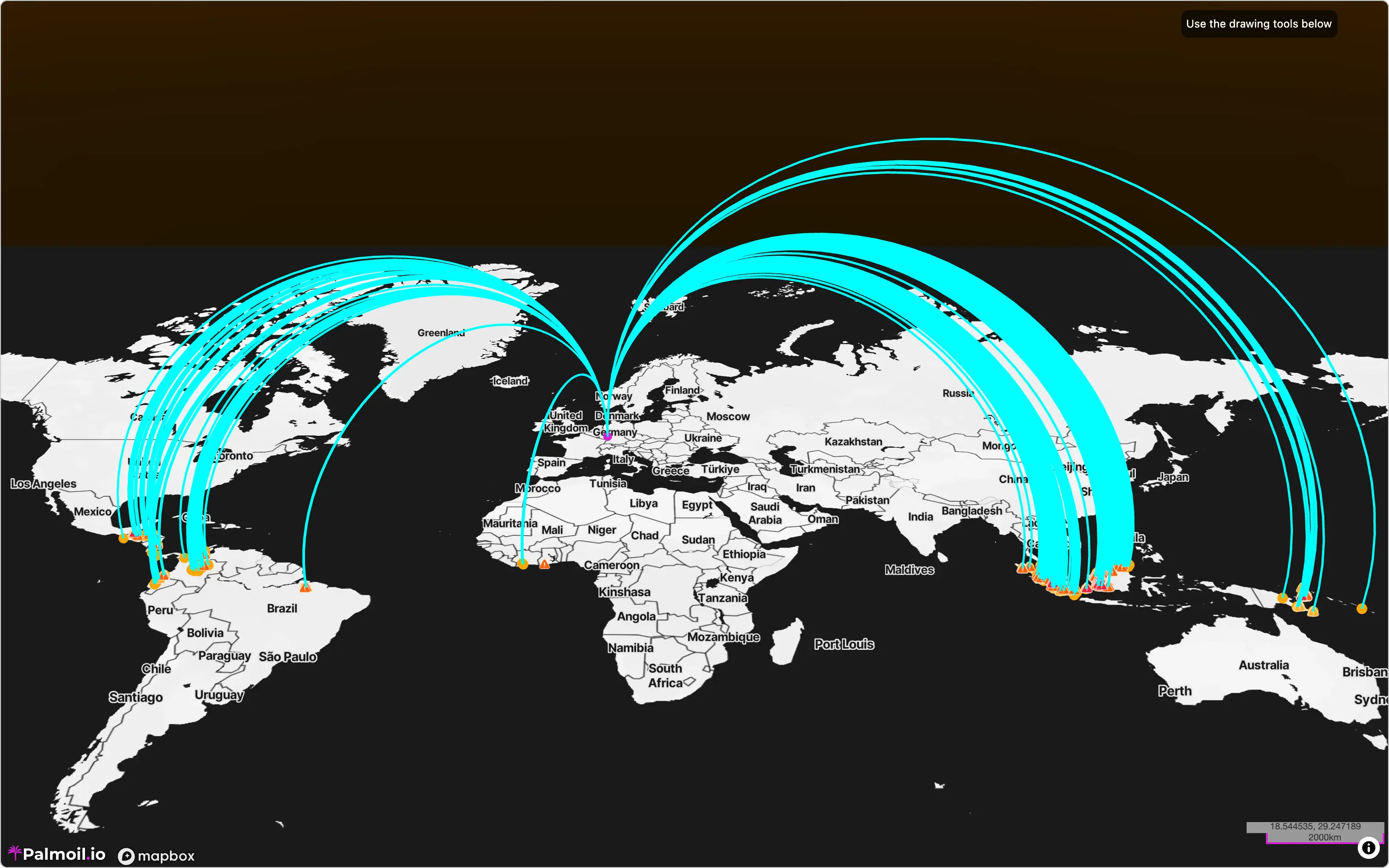 Map showing the global supply chain of a palm oil refinery with arc lines to sourcing mills